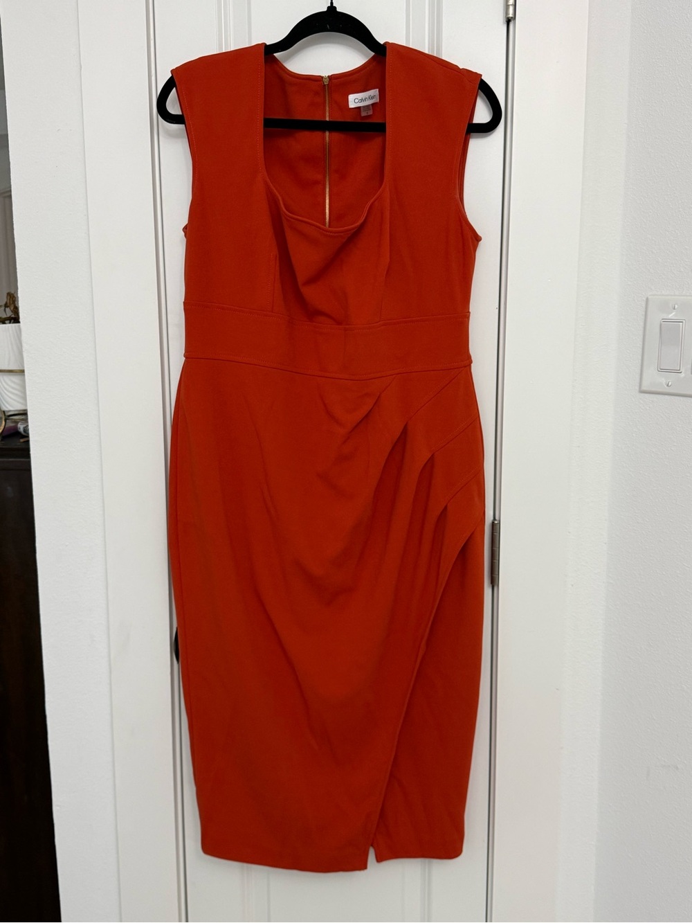 Calvin Klein Orange Sleeveless Draped Sheath Midi Dress